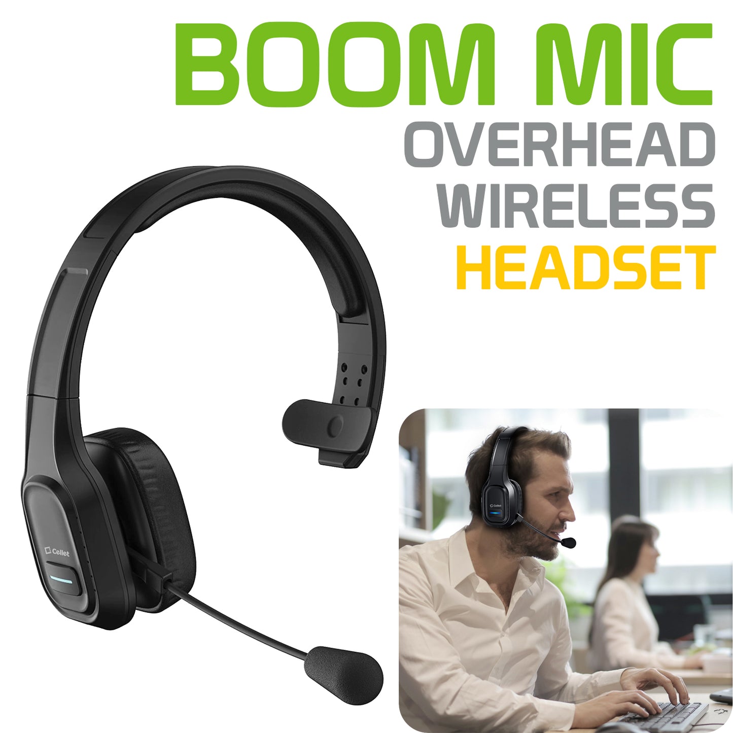 EBBOOMM100 - Overhead Wireless Mono Headset, Bluetooth V5.0 with Noise Cancelling Headphones with Boom Microphone USB-C Charging and 3.5mm Adapter