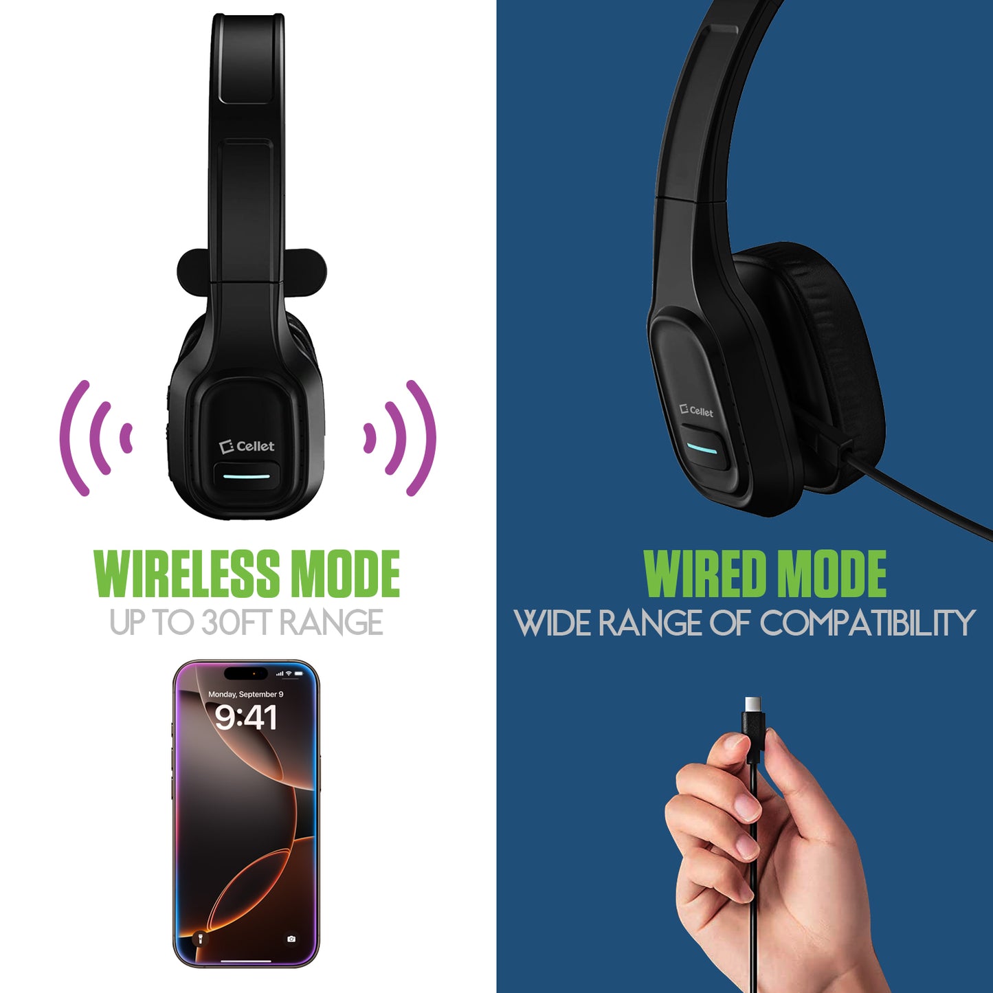 EBBOOMM100 - Cellet Overhead Boom Mic Wireless Headset with Noise Cancelling, Echo Reduction, USB-C Charging, 34H Talk Time, 30ft Range – Adjustable Headband, All-Day Comfort, Wired & Wireless Modes