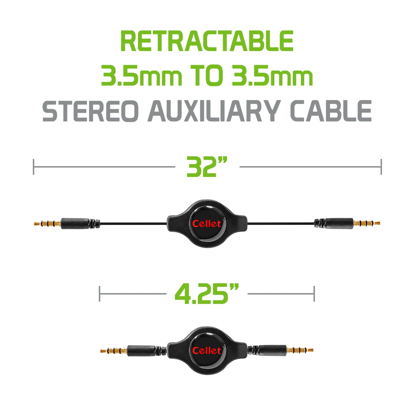 CN3535RBKB - Cellet Retractable 3.5mm Stereo Auxiliary Cable – 32" Extendable Aux Cord for Car, Headphones, Speakers & More – Compact, Tangle-Free Design – 3.5mm Male to 3.5mm Male Audio Jack – Black