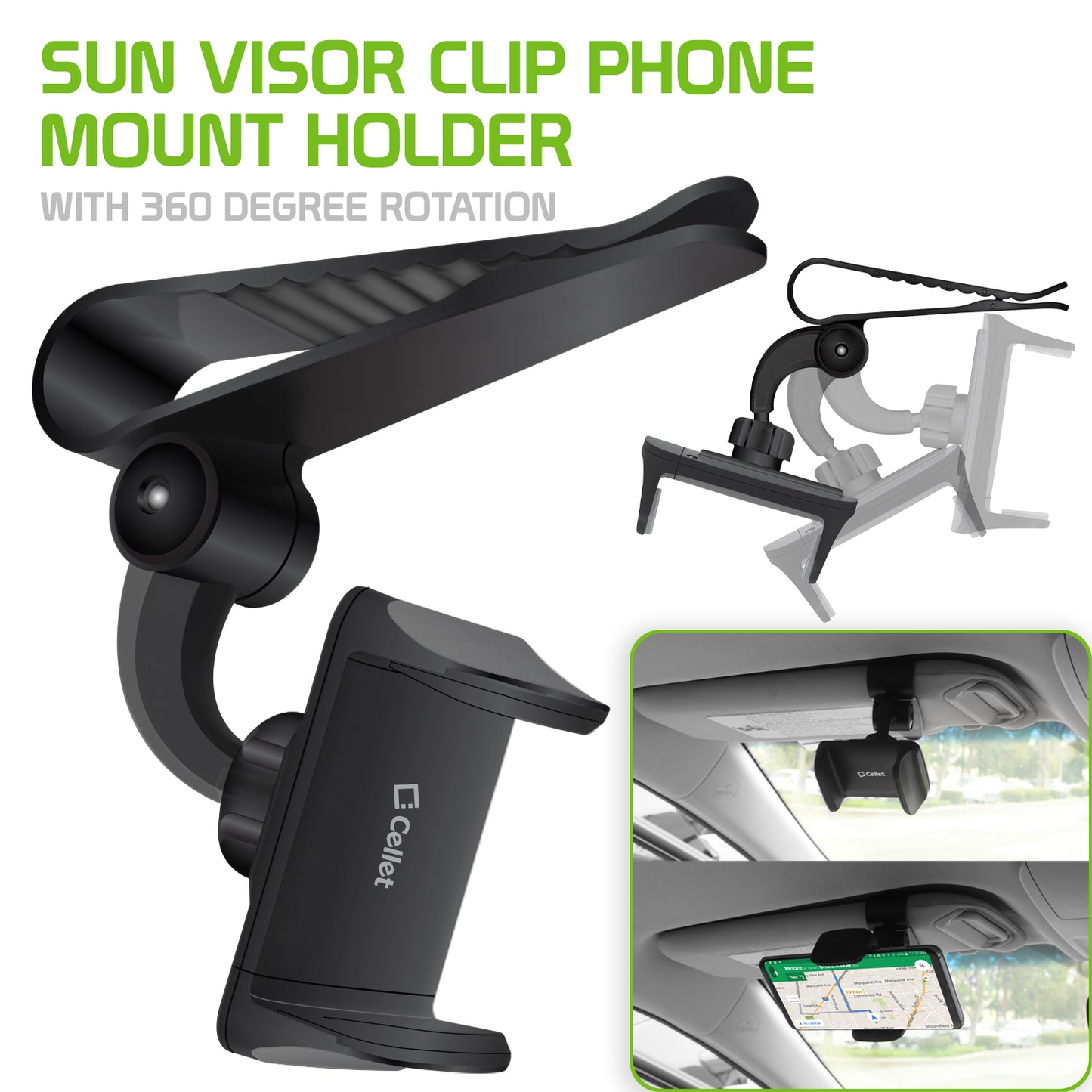 PH700 - Cellet Sun Visor Clip Phone Mount Holder with 360 Degree Rotation iPhone 13 Pro Max, Galaxy S22 and Smartphones