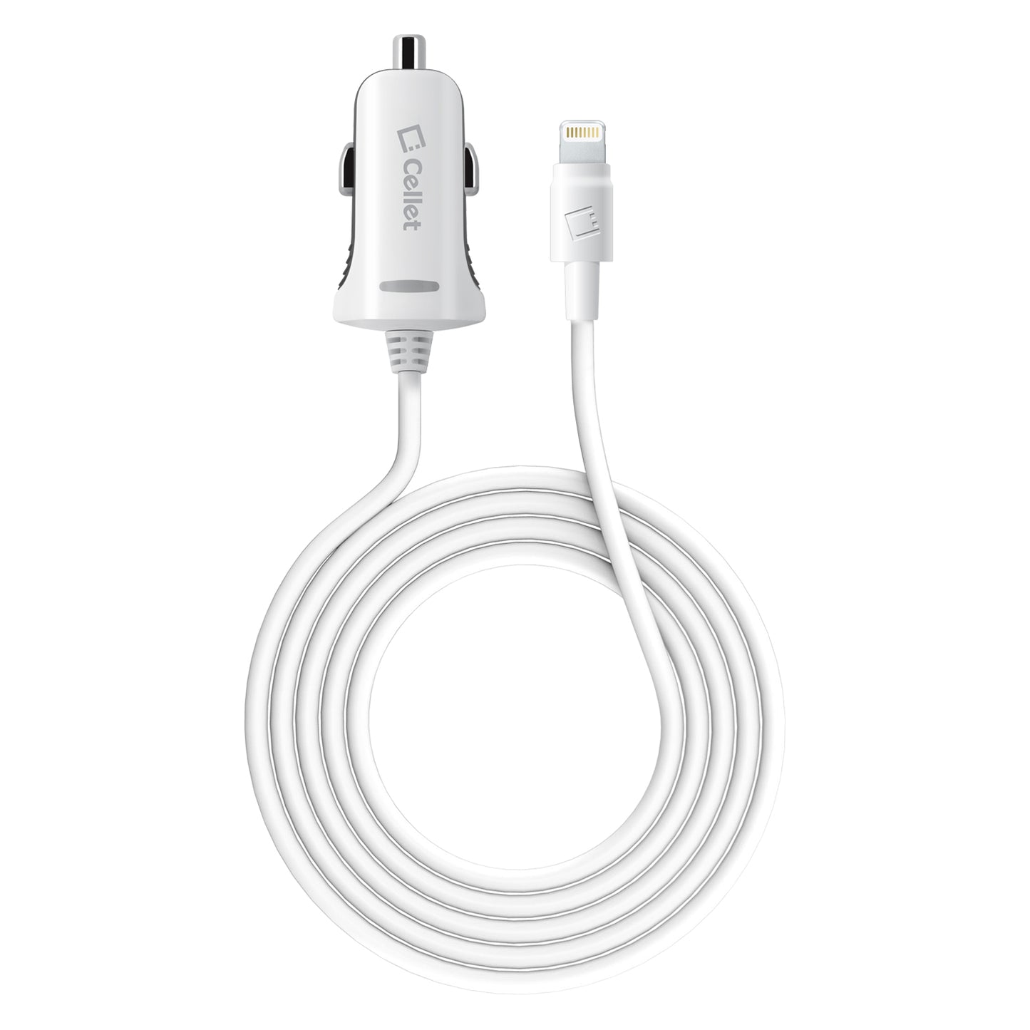PAPP5GWB- Cellet 2.4Amp Ultra Compact Car Charger with 4ft Lightning Cable – Fast Charging for iPhone, iPad, and iPod – Apple MFi Certified – Blue LED Power Indicator