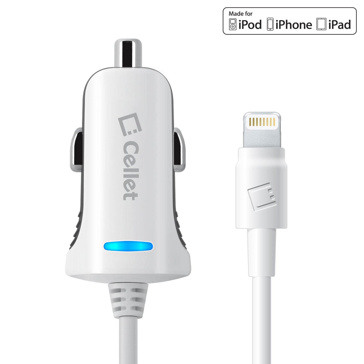 PAPP5GWB- Cellet 2.4Amp Ultra Compact Car Charger with 4ft Lightning Cable – Fast Charging for iPhone, iPad, and iPod – Apple MFi Certified – Blue LED Power Indicator
