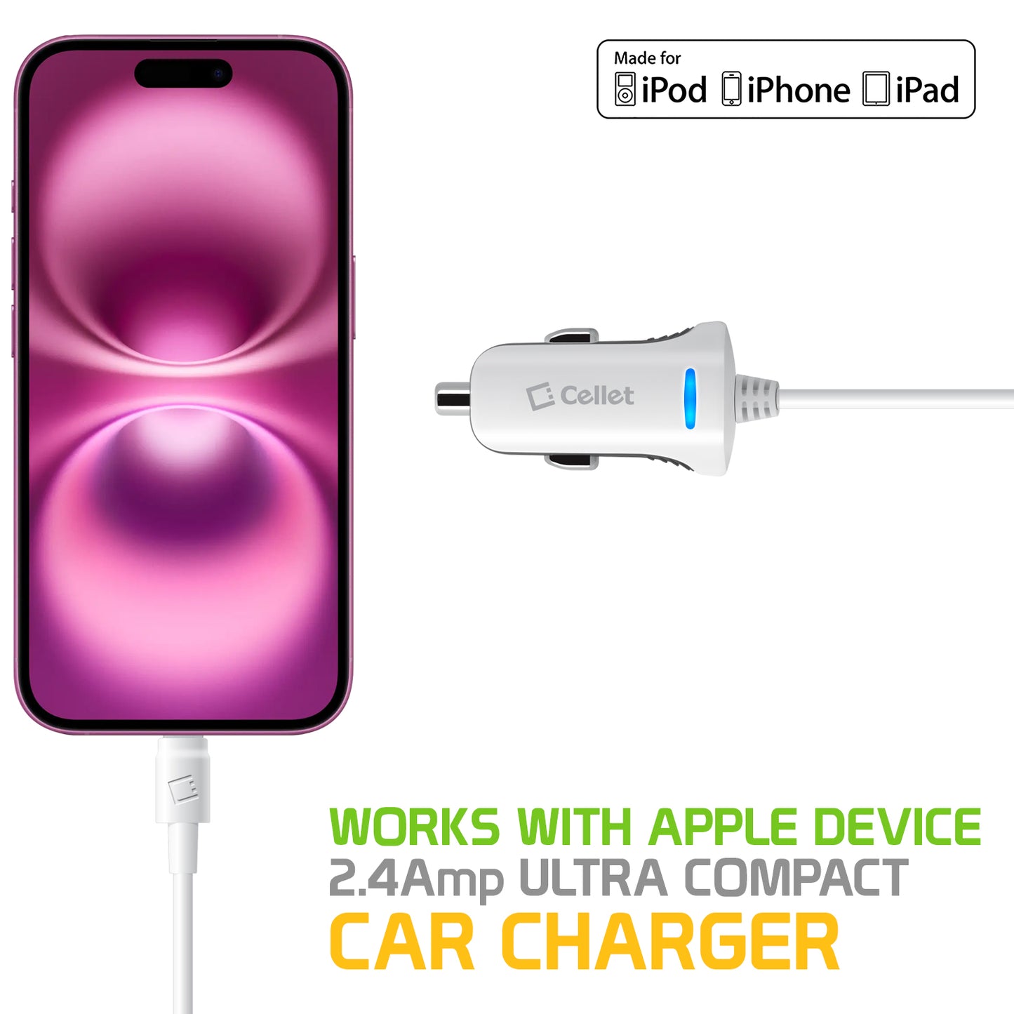 PAPP5GWB- Cellet 2.4Amp Ultra Compact Car Charger with 4ft Lightning Cable – Fast Charging for iPhone, iPad, and iPod – Apple MFi Certified – Blue LED Power Indicator