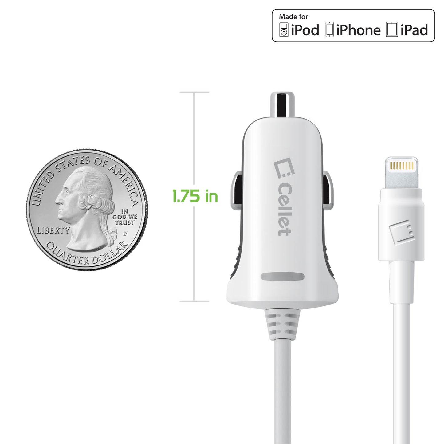 PAPP5GWB- Cellet 2.4Amp Ultra Compact Car Charger with 4ft Lightning Cable – Fast Charging for iPhone, iPad, and iPod – Apple MFi Certified – Blue LED Power Indicator