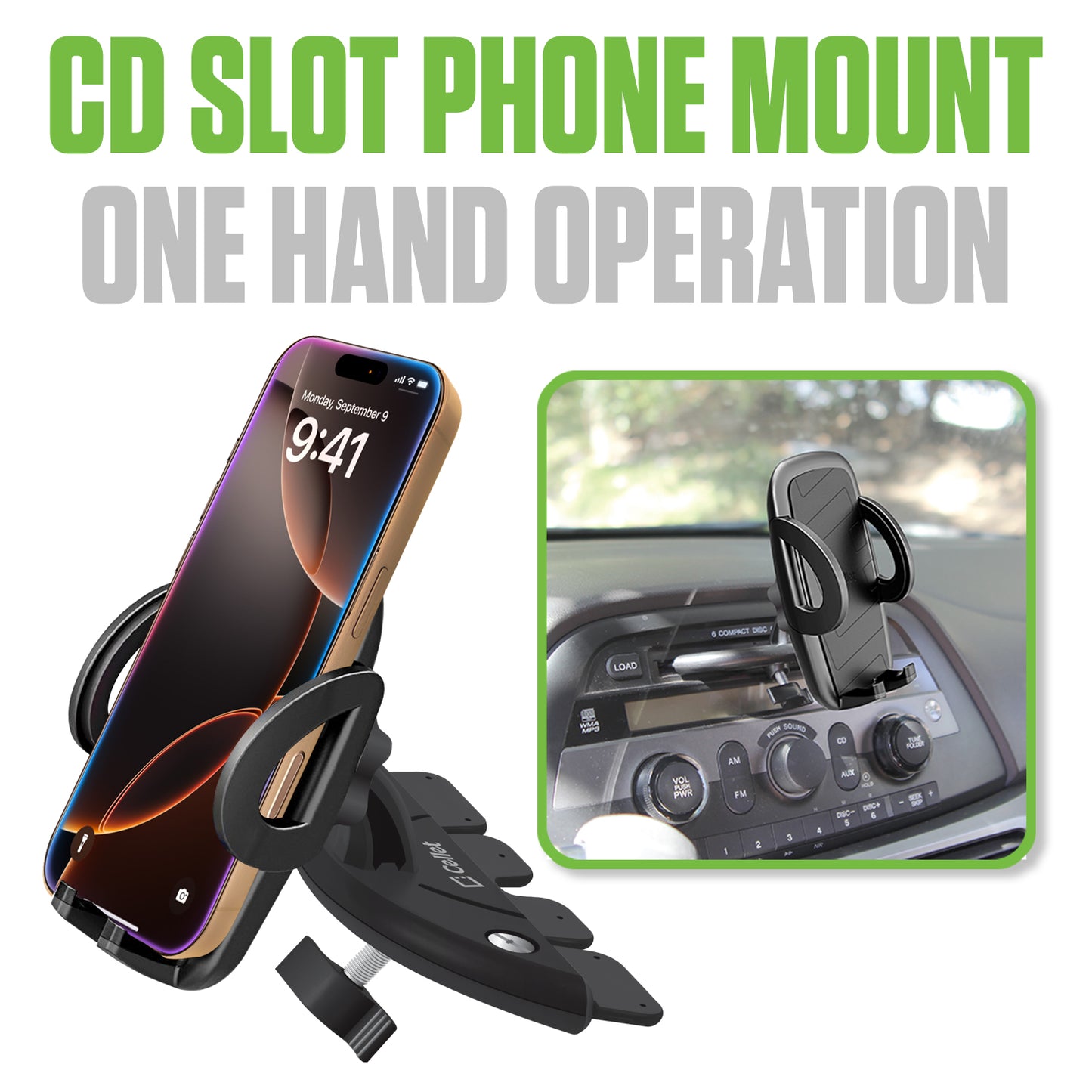 PHCN200CD - Cellet Universal CD Slot Car Phone Mount – 360° Rotating Holder with One-Touch Release, Anti-Slip Rubber Grip, Fits Smartphones Up to 3.5” Wide – Secure CD Base, Hands-Free GPS & Calling