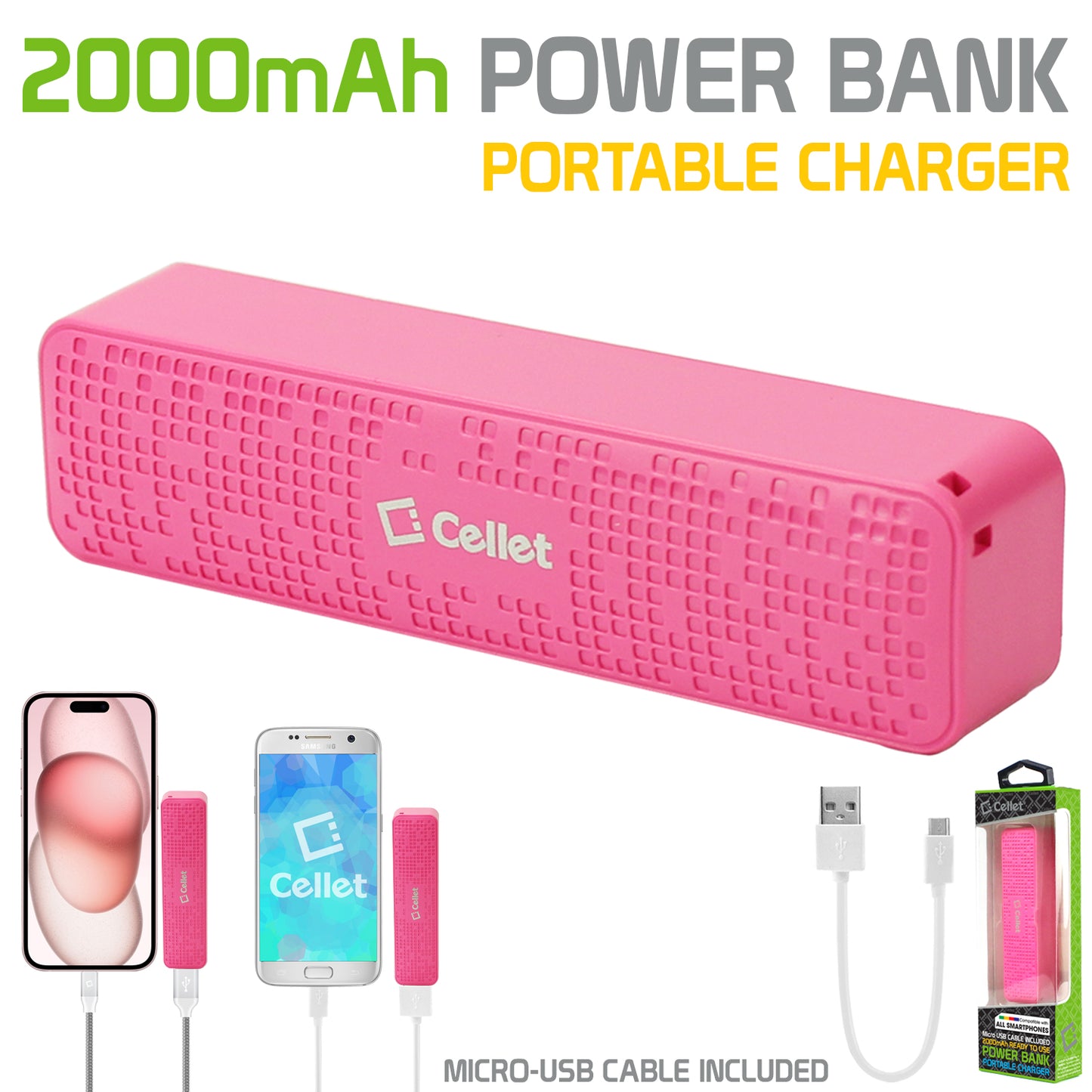 BC2000PK- 2000mAh Power Bank/Portable Charger (Micro USB Cable is included) - Pink