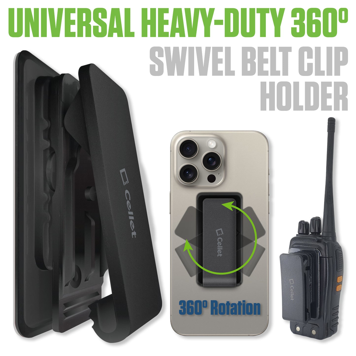 CLIPHDBK - Cellet Universal Heavy-Duty 360° Swivel Belt Clip Holder – 3M Adhesive, Rotating Phone & Case Clip for Smartphones, Radios, Remotes & More