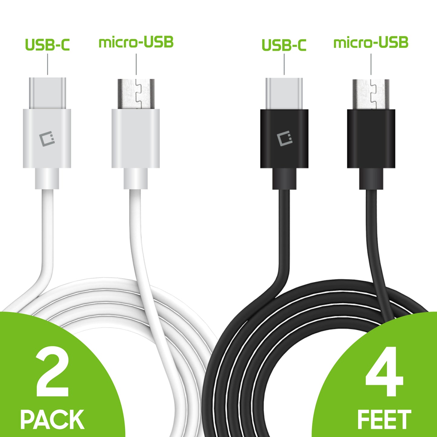 DCMICRO4WT - Cellet Micro-USB to Reversible USB-C Cable - 1-Black + 1-White