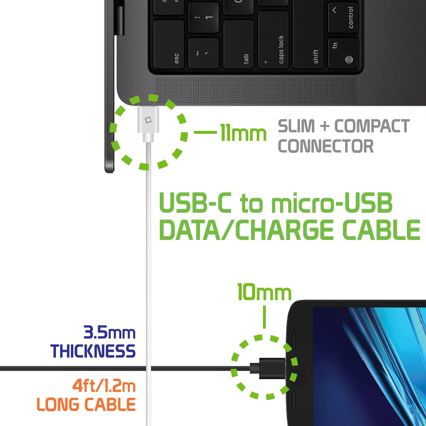 DCMICRO4WT - Cellet Micro-USB to Reversible USB-C Cable - 1-Black + 1-White