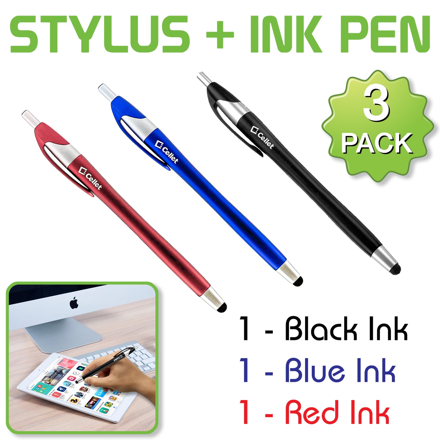 3-PACK STYLUS + INK PEN - BLACK / BLUE / RED INK