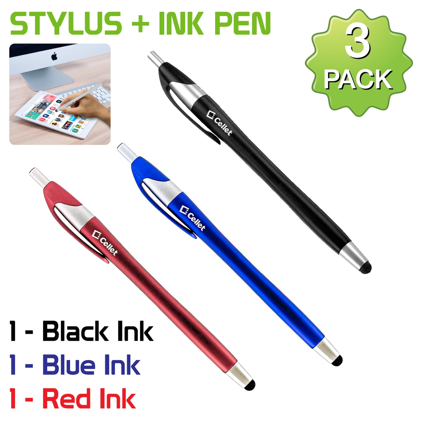 3-PACK STYLUS + INK PEN - BLACK / BLUE / RED INK