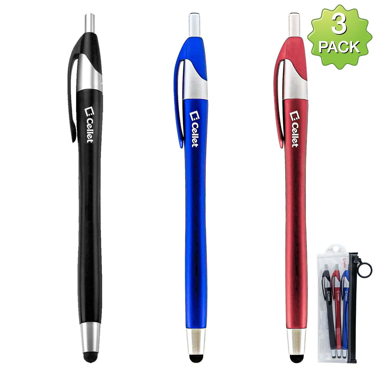 3-PACK STYLUS + INK PEN - BLACK / BLUE / RED INK