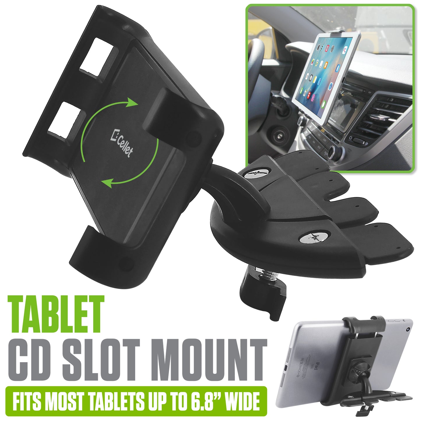 PHCDTAB- Cellet Tablet CD Slot Mount – Universal Car Tablet Holder for iPad Pro, iPad Mini, Samsung Galaxy Tab, Kindle – Fits Devices Up to 6.8” Wide, 360° Rotation, Secure Lock & Stabilizing Knob