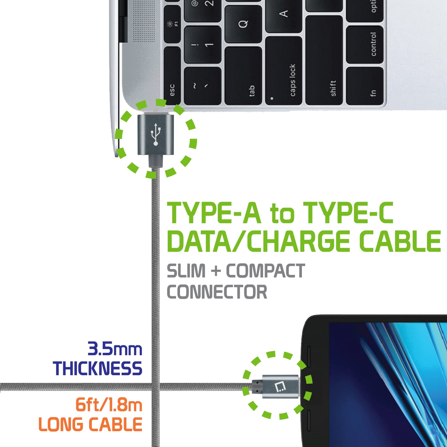 DCA620GY - Type-C Cable, Cellet 6ft (1.8m) Heavy Duty Nylon Braided USB-A to USB-C