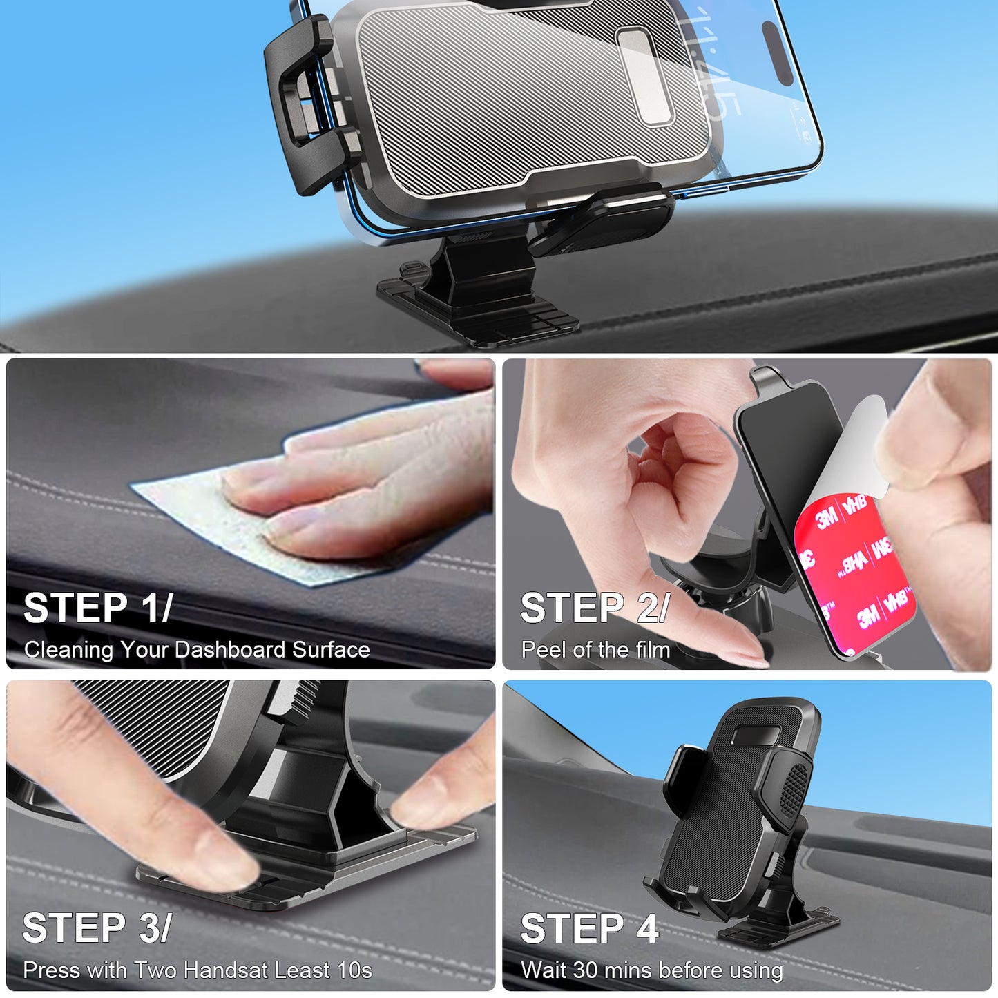 PHD300 - 🚗 Cellet Universal Car & Desk Phone Mount - Strong 3M Adhesive Pad, 360° Rotation, One-Touch Release - Secure Windshield, Dashboard & Countertop Holder for iPhone, Samsung, Android