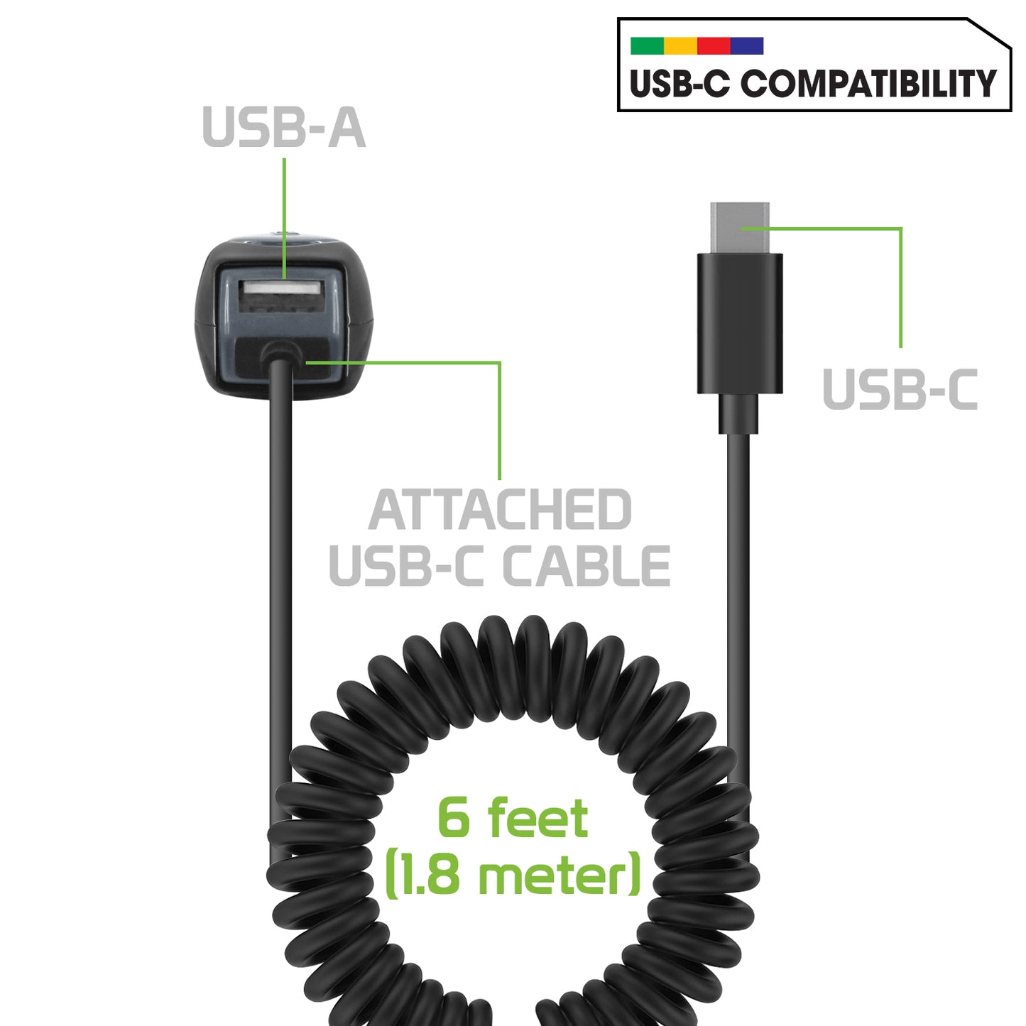 PUSBC32 - Cellet High Powered 3 Amp / 15 Watt USB-C USB Car Charger with Extra USB Port  & Attached 6ft coiled cable