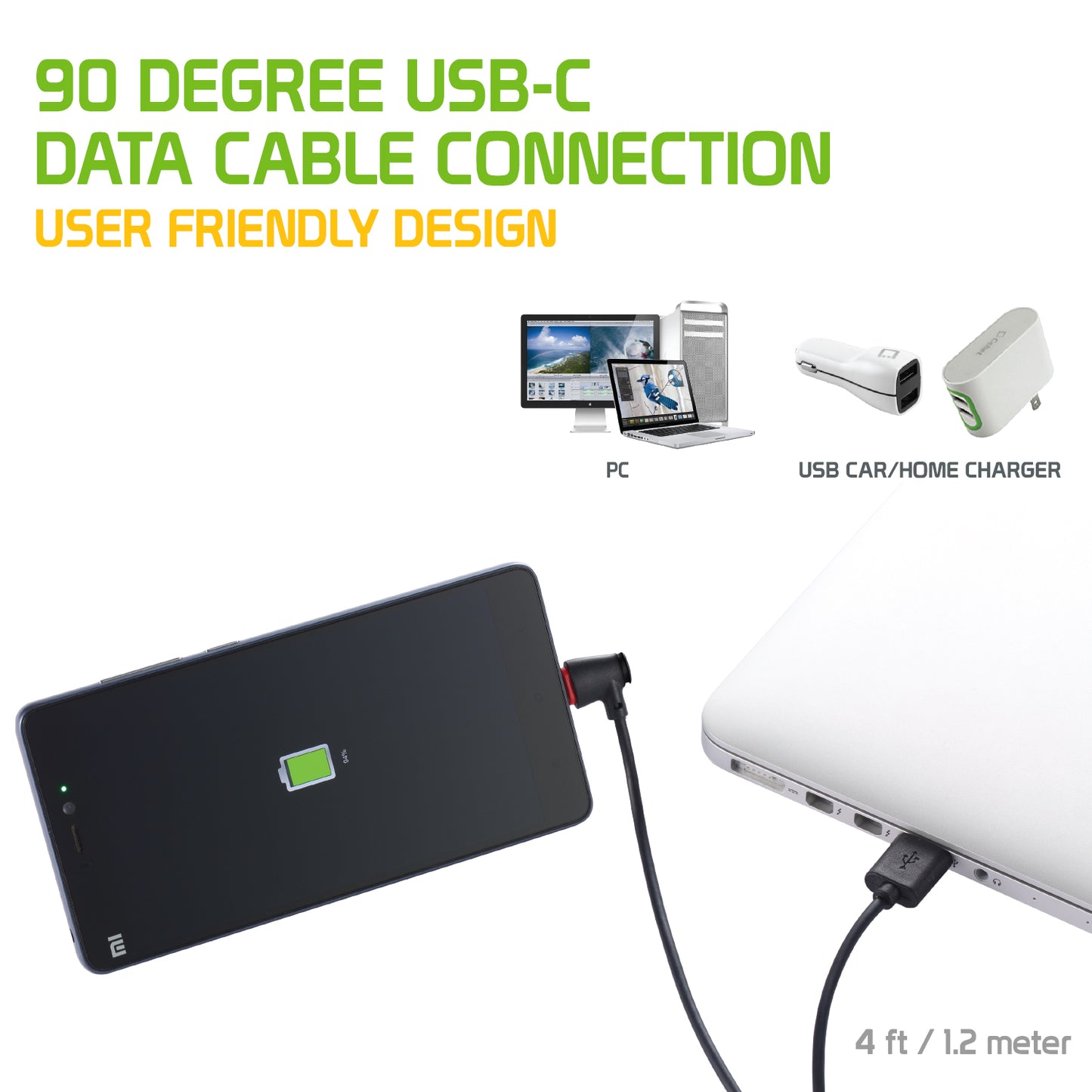 DCA904BK - Cellet 4-Feet Right Angle USB-C to USB-A Data Sync Cable / 90 Degree Head