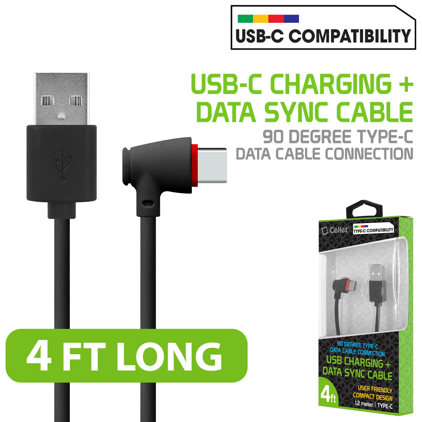 DCA904BK - Cellet 4-Feet Right Angle USB-C to USB-A Data Sync Cable / 90 Degree Head