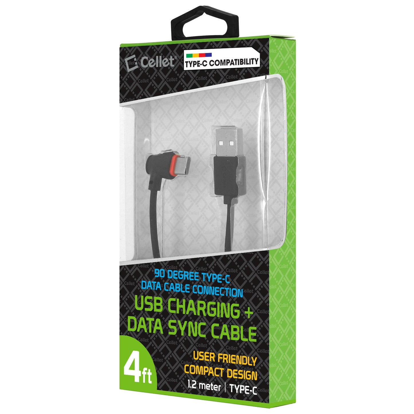 DCA904BK - Cellet 4-Feet Right Angle USB-C to USB-A Data Sync Cable / 90 Degree Head