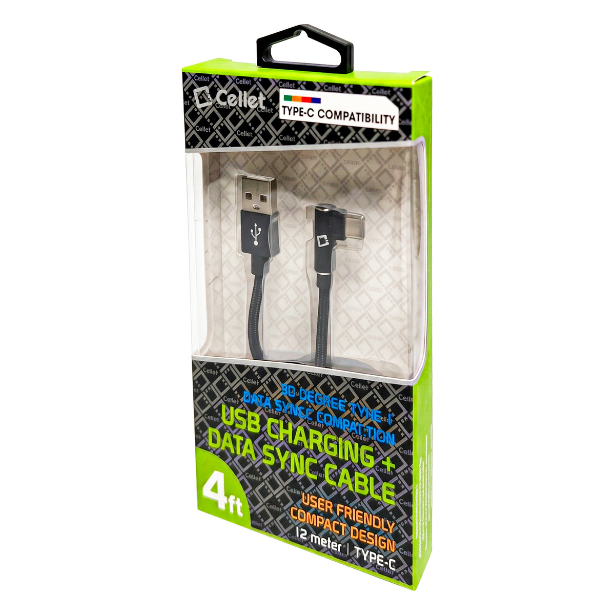 DCA904BK - Cellet Right Angle USB C Cable 4ft, 90 Degree USB-A to USB-C Fast Charging Cord, Durable Nylon Braided Fast Charger Data Sync Cable Compatible with Samsung Galaxy S24 S23 Note, Google Pixel, LG, Car Play