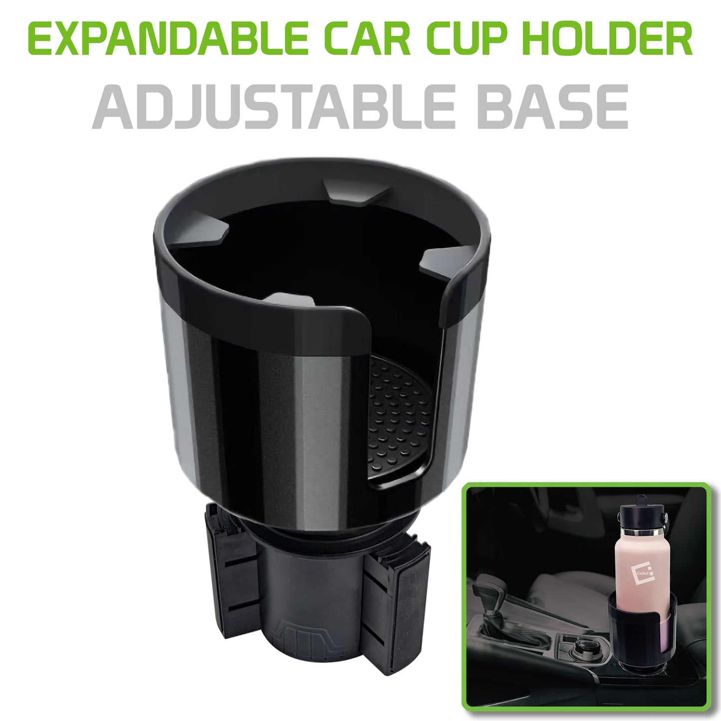 Expandable Car Cup Holder with Adjustable Base, Fit Big Bottles 3.4 to 3.8 Inch, Compatible with Hydro Flasks 32/40 Ounce, Black
