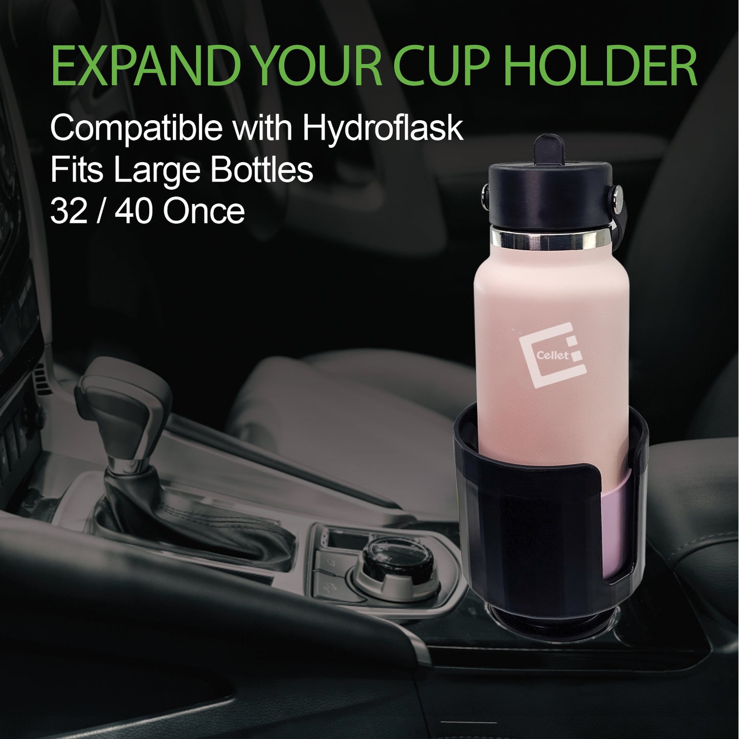 Expandable Car Cup Holder with Adjustable Base, Fit Big Bottles 3.4 to 3.8 Inch, Compatible with Hydro Flasks 32/40 Ounce, Black