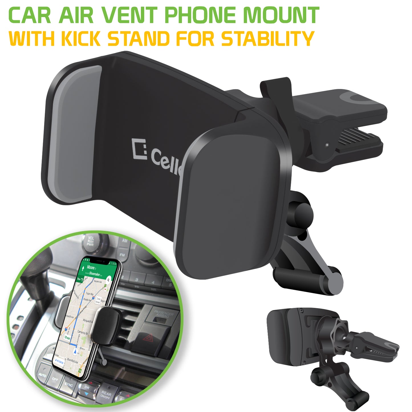 PHVENTE3 - Cellet Car Air Vent Phone Mount with Kickstand, Free Rotation & Tightening Knob For all Smartphones iPhones Galaxy Google Pixel Moto
