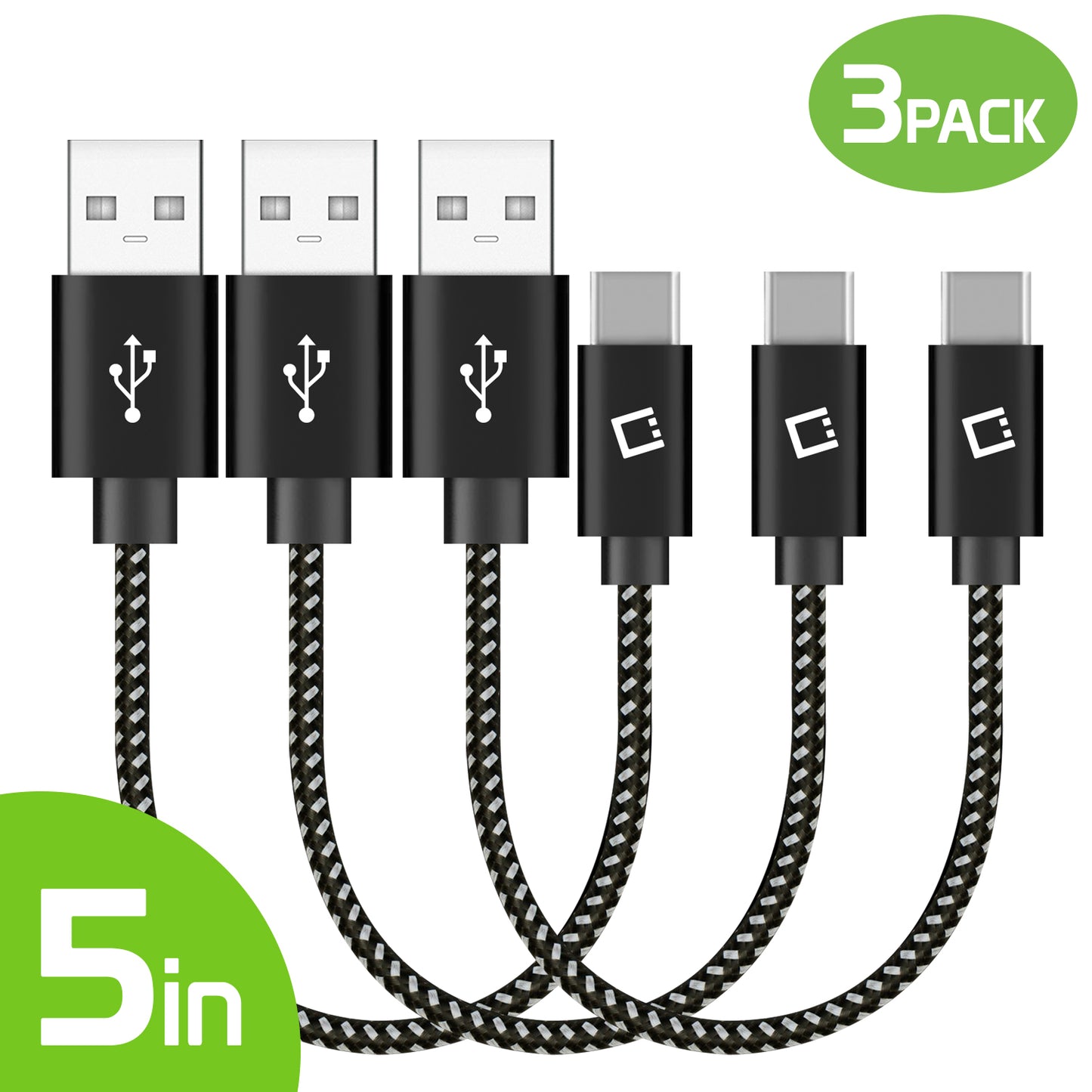 DCA4IN3 - Cellet 3-Pack USB-C to USB-A Short Cable 5-Inch | Durable Nylon Braided Fast Charging & Data Sync Cord | Compatible with iPhone 15/16, Samsung Galaxy S24/FE, Google Pixel, iPad, Tablet, Switch