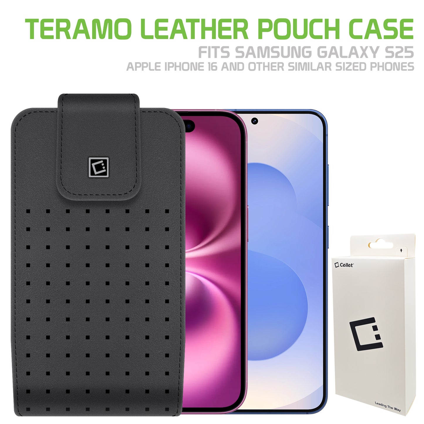 LTERMEDB - Cellet Teramo Leather Phone Holster with Belt Clip – Compatible with iPhone 16 Pro, Samsung Galaxy S25 & Similar Sized Phones – 360° Rotating Swivel Clip, Premium Leather Pouch with Magnetic Closure