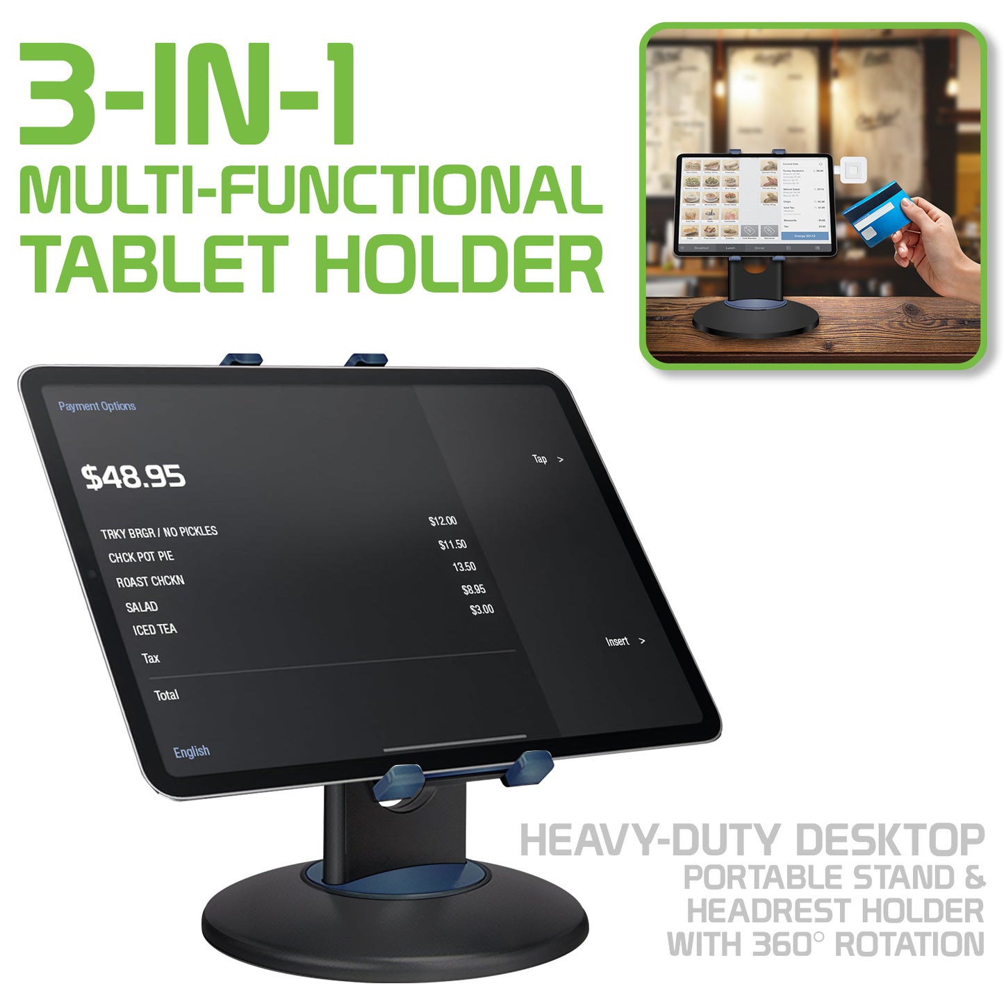 PHTAB5003 - 3-in-1 Tablet Holder Combo, Heavy Duty Desktop, Portable Stand and Headrest Holder with 360 Degree Rotation for iPads and Tablets
