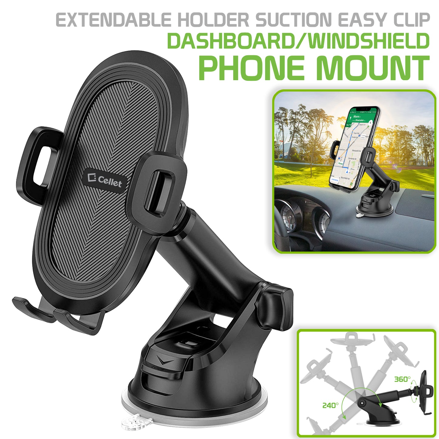 RHSU200 - Cellet Dashboard/Windshield Phone Mount with Suction Cup – Adjustable Arm, 360° Rotation, One-Touch Release – Universal Car Holder for iPhone 16/15/14/13 Pro Max, Samsung Galaxy s25/S24/S23 & More