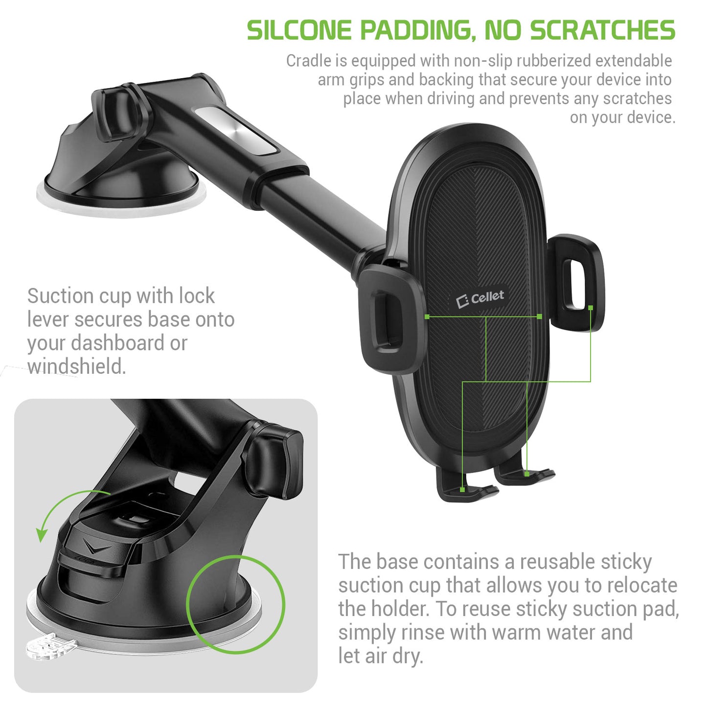RHSU200 - Cellet Dashboard/Windshield Phone Mount with Suction Cup – Adjustable Arm, 360° Rotation, One-Touch Release – Universal Car Holder for iPhone 16/15/14/13 Pro Max, Samsung Galaxy s25/S24/S23 & More
