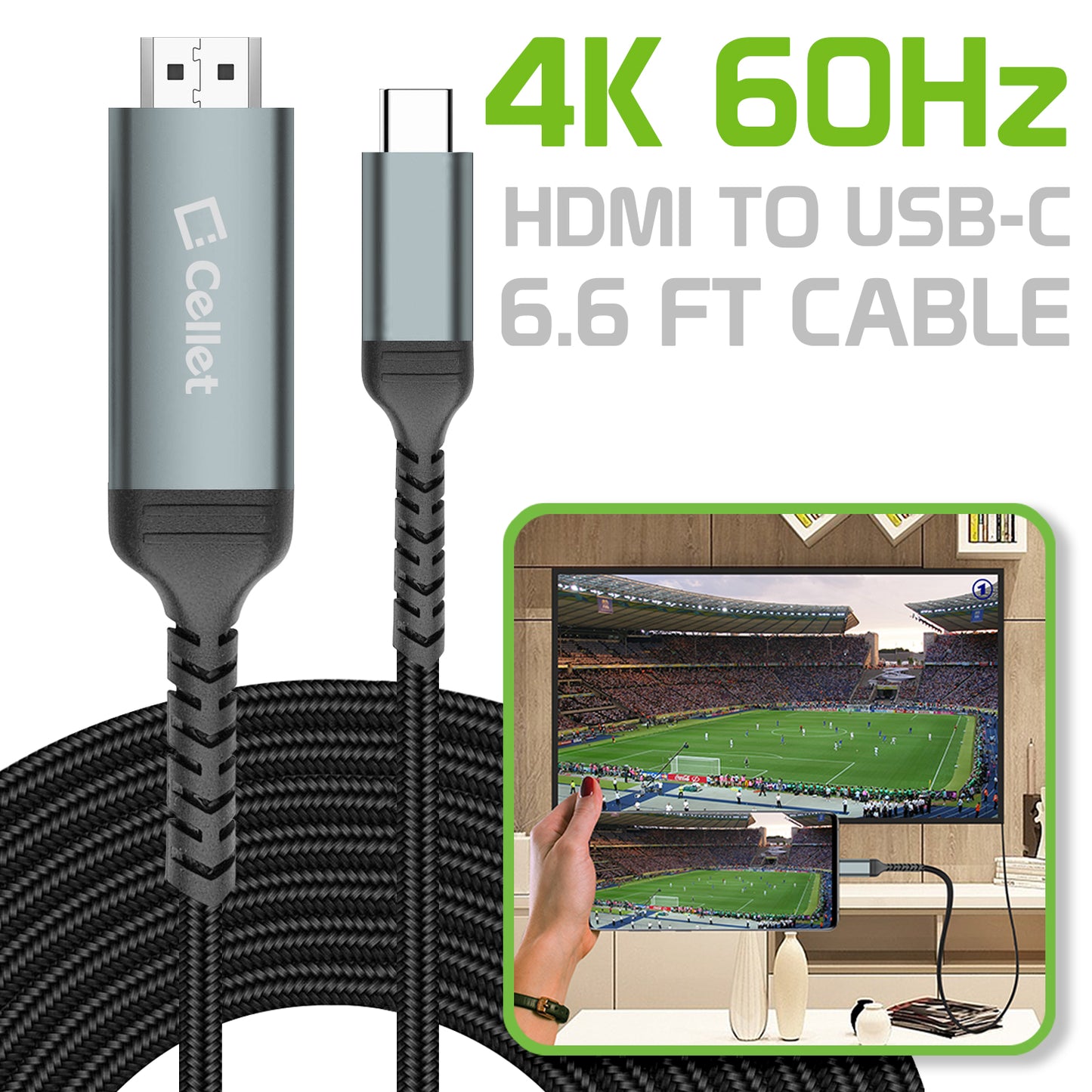 DCHDMI6 - Cellet USB-C to HDMI Cable 6.6FT – 4K 60Hz High-Speed Braided Cord – Compatible with MacBook Pro/Air, iPad Pro, iPhone 16, Samsung, Dell XPS, Chromebook, Nintendo Switch, and More