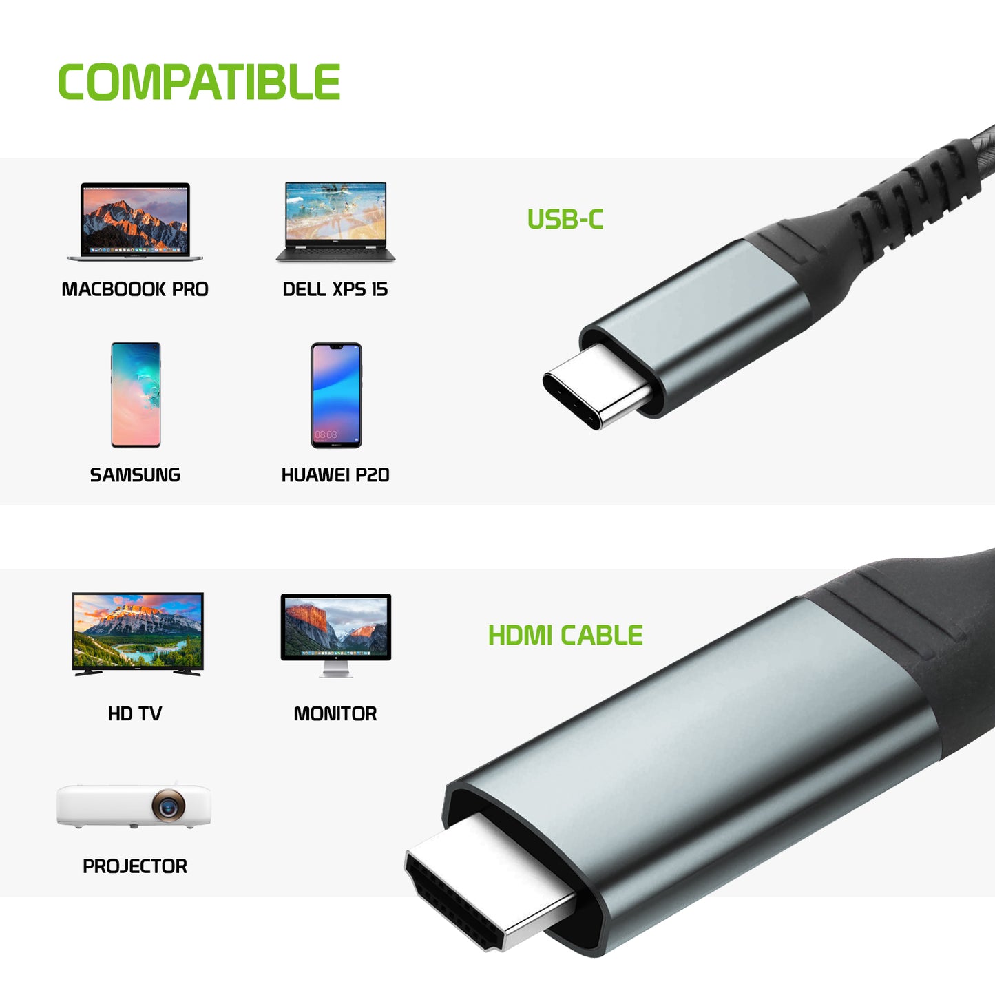 DCHDMI6 - Cellet USB-C to HDMI Cable 6.6FT – 4K 60Hz High-Speed Braided Cord – Compatible with MacBook Pro/Air, iPad Pro, iPhone 16, Samsung, Dell XPS, Chromebook, Nintendo Switch, and More