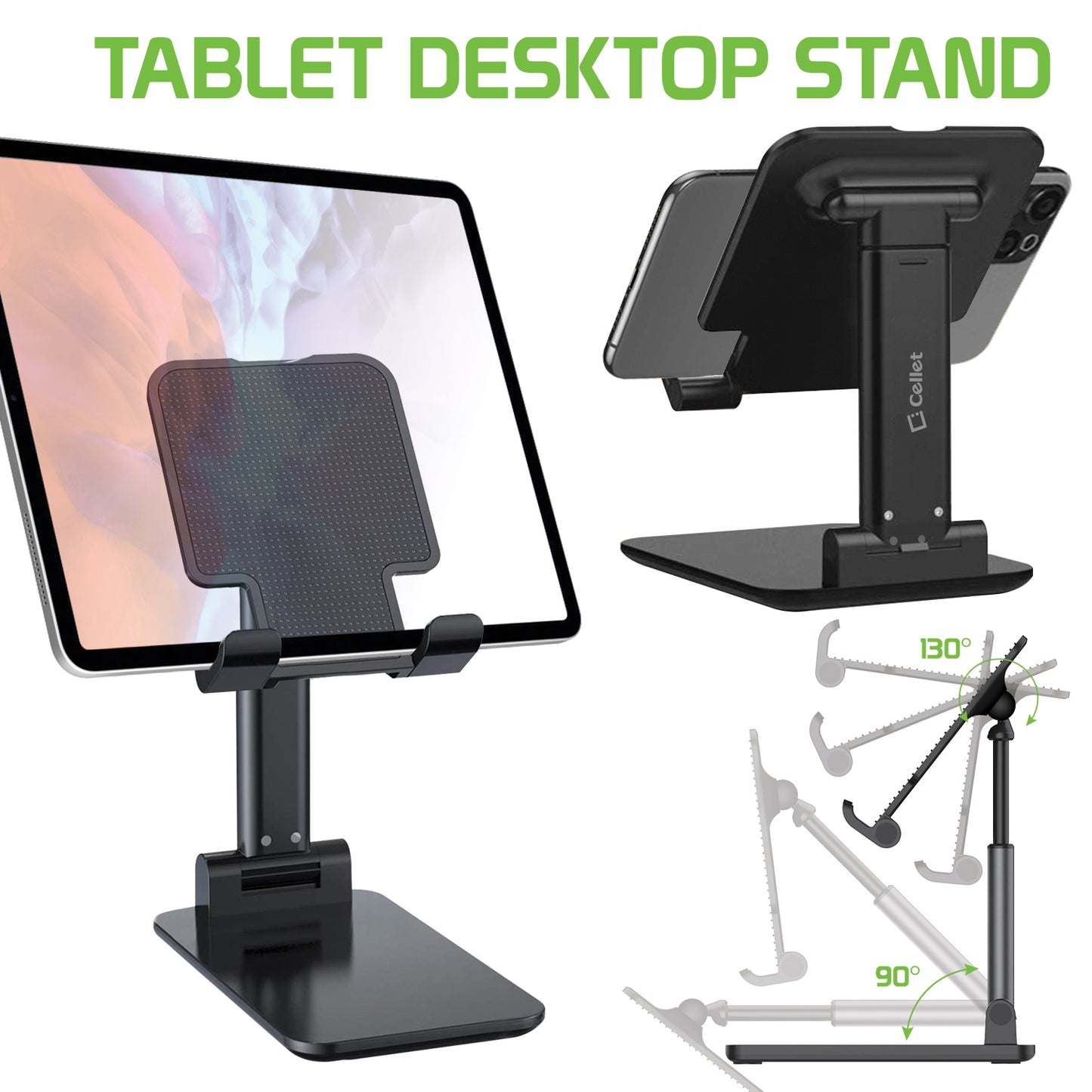 PHTAB60BK - Foldable Heavy Duty Adjustable Smartphone and Tablet Stand with Non-Slip Rubberized Grips and Weighted Base for Smartphones, Tablets/iPads