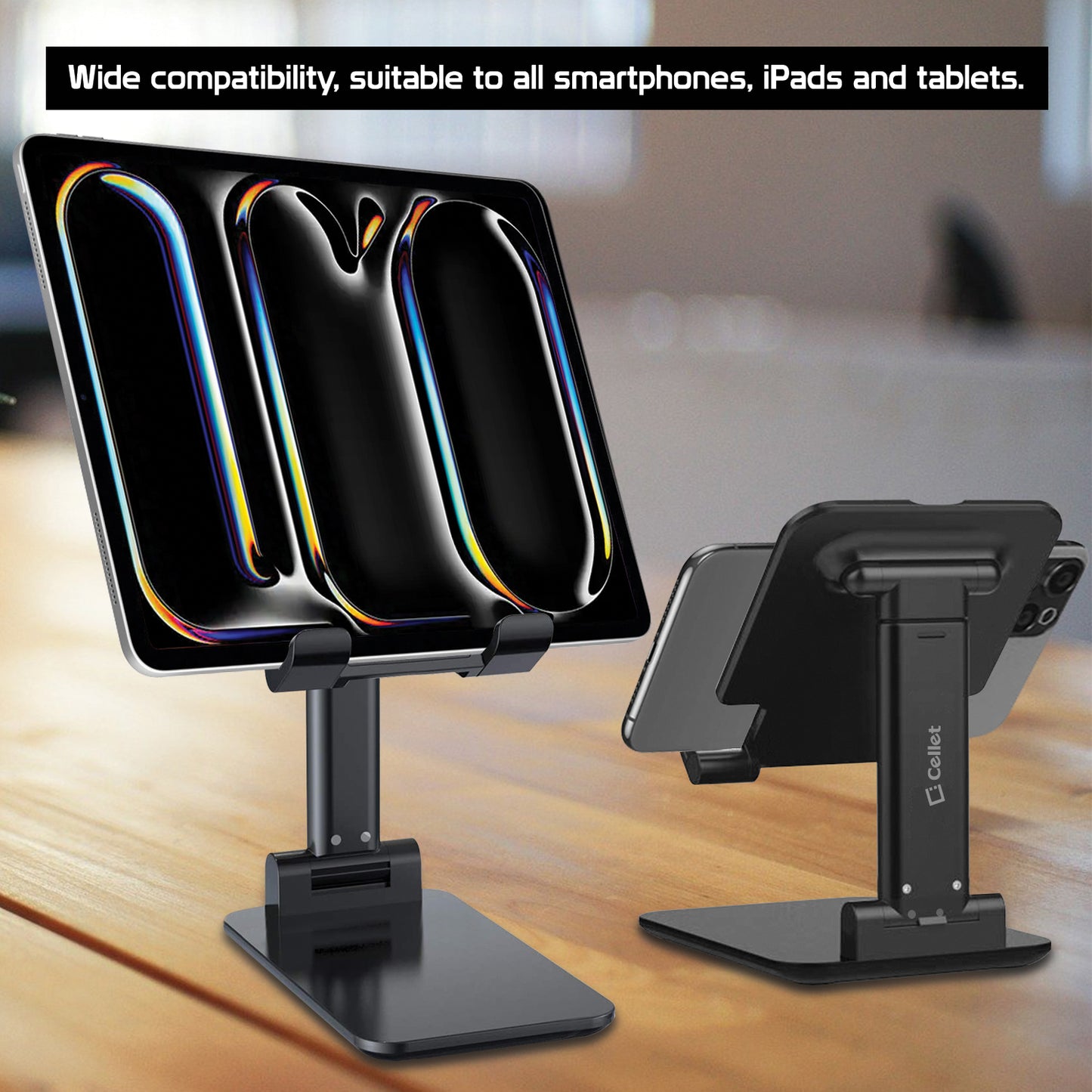 PHTAB60BK - Foldable Heavy Duty Adjustable Smartphone and Tablet Stand with Non-Slip Rubberized Grips and Weighted Base for Smartphones, Tablets/iPads