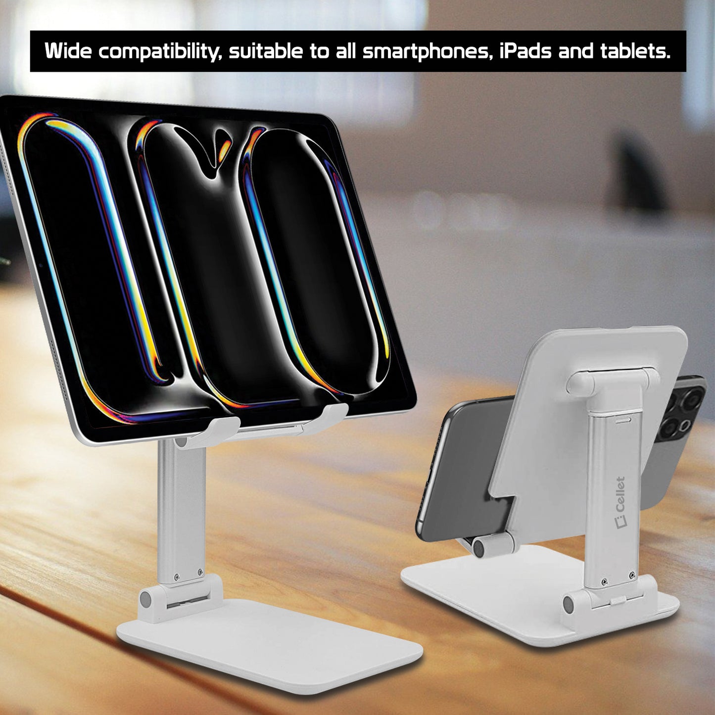 PHTAB60WT - Smartphone & Tablet Desktop Stand, Fold-able Adjustable with Non-Slip Rubberized Grips and Weighted Base -White