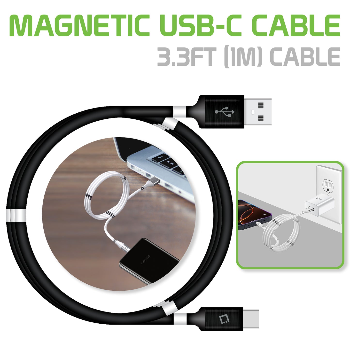 DCACOIL3BK - USB-C Charging Cable, Magnetic Self Winding, Tangle Free, USB-C to USB-A Charging and Data Cord- 3.3ft. (1m) Black