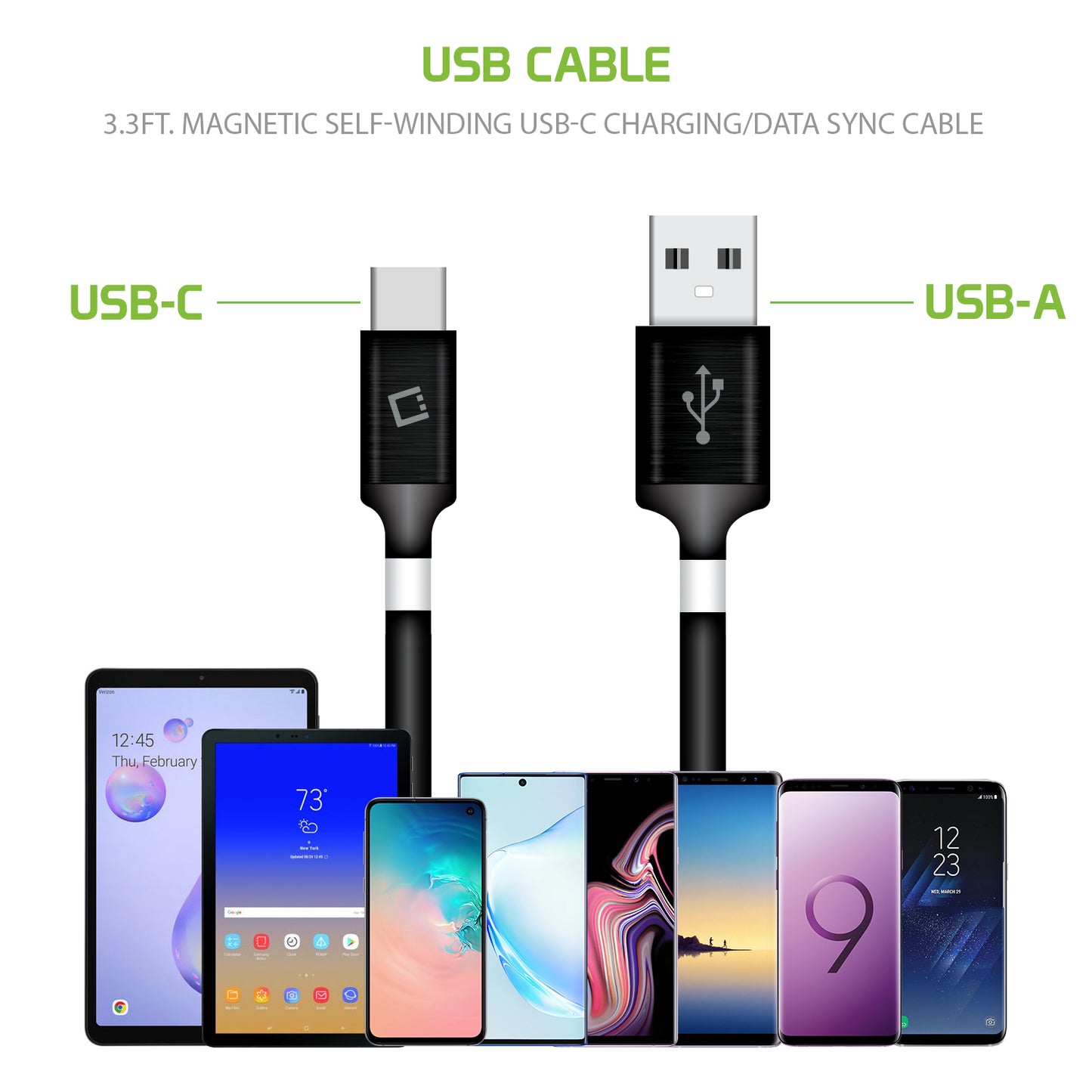DCACOIL3BK - USB-C Charging Cable, Magnetic Self Winding, Tangle Free, USB-C to USB-A Charging and Data Cord- 3.3ft. (1m) Black