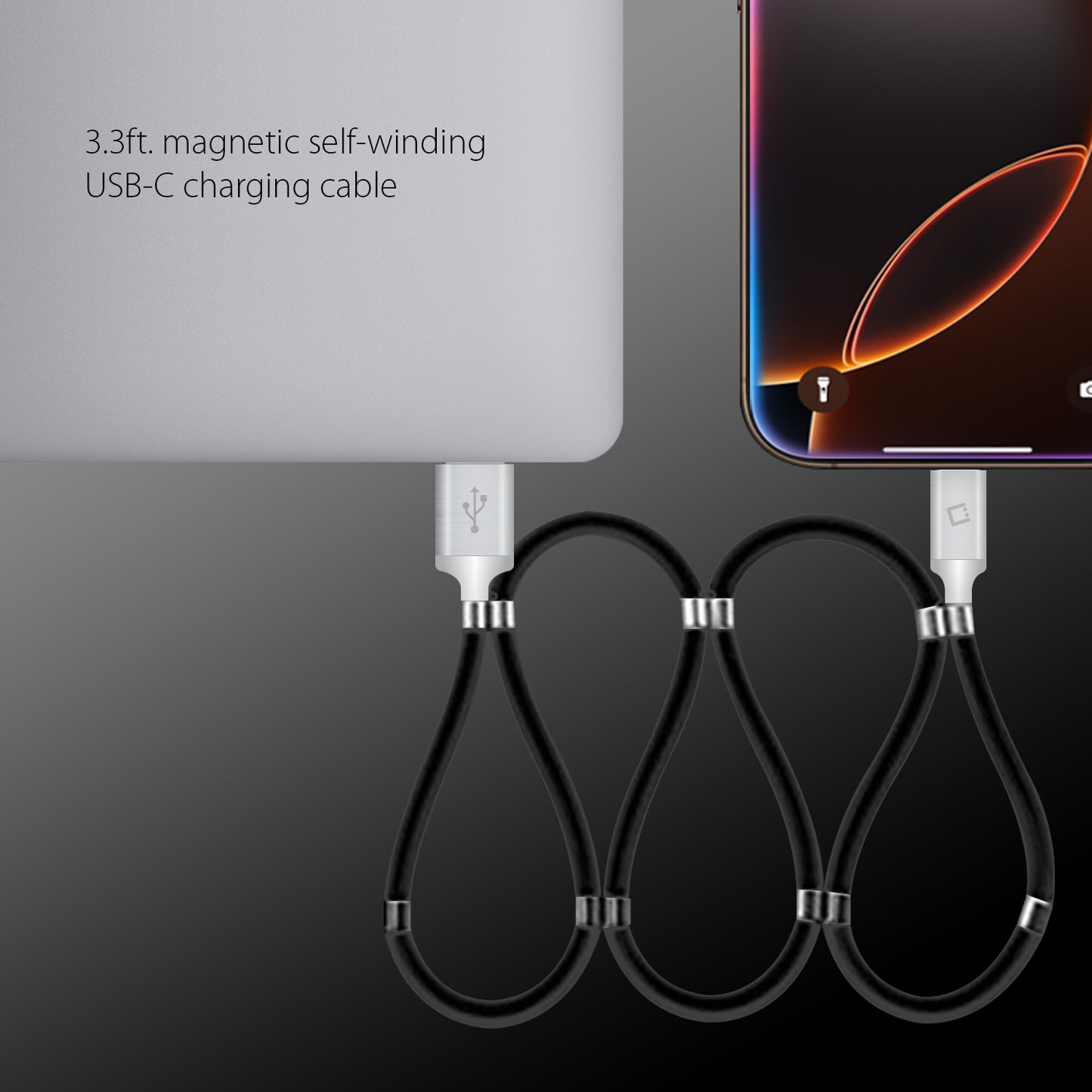 DCACOIL3BK - USB-C Charging Cable, Magnetic Self Winding, Tangle Free, USB-C to USB-A Charging and Data Cord- 3.3ft. (1m) Black