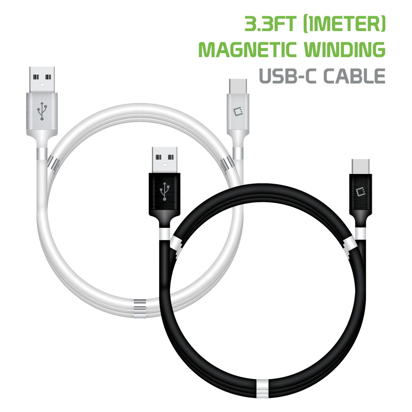 DCACOIL3BK - USB-C Charging Cable, Magnetic Self Winding, Tangle Free, USB-C to USB-A Charging and Data Cord- 3.3ft. (1m) Black