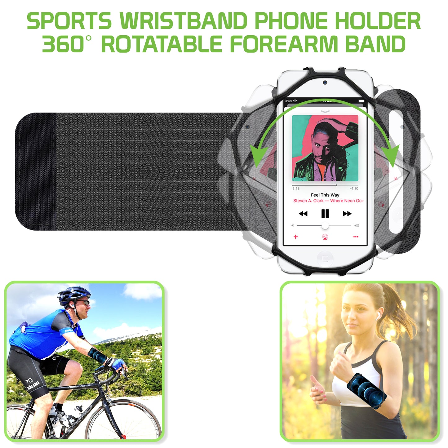 NEOARM490 - Sports Wristband Smartphone holder, 180 Degree Rotational, ,Adjustable Velcro Band, Fits 4 to 6 inch Phones - Black