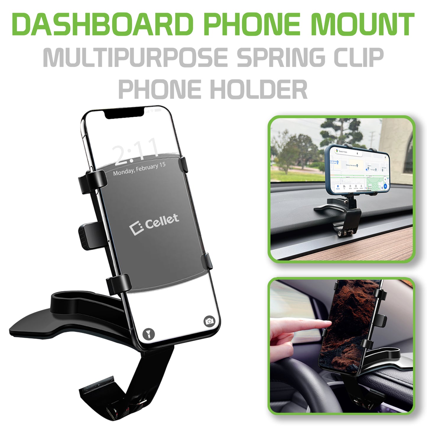 PHD280 - Dashboard, Sun Visor & Rear View Mirror Clip Mount with Heavy Duty Spring Base, 360° Cradle Rotation Compatible to iPhone 13 Pro Max and More