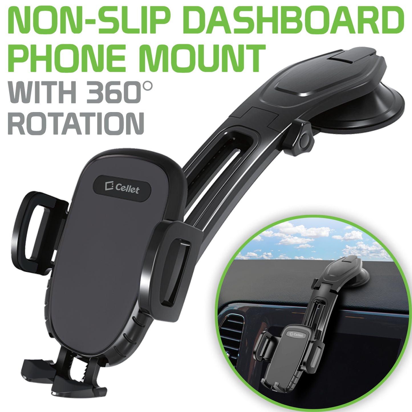 PHC82 - Universal Suction Cup Dashboard Phone Holder with 360 Degree Rotation, One Touch Arm release Button & Lock Lever for Smartphones