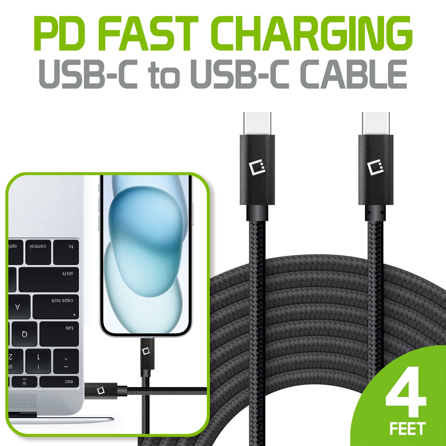 DCDC4BK - Cellet 4ft. USB-C to USB-C Fast Charging and Data Sync Nylon Braided Cable Compatible with Apple iPhone 15 Series, Samsung Galaxy series, Google Pixel Series