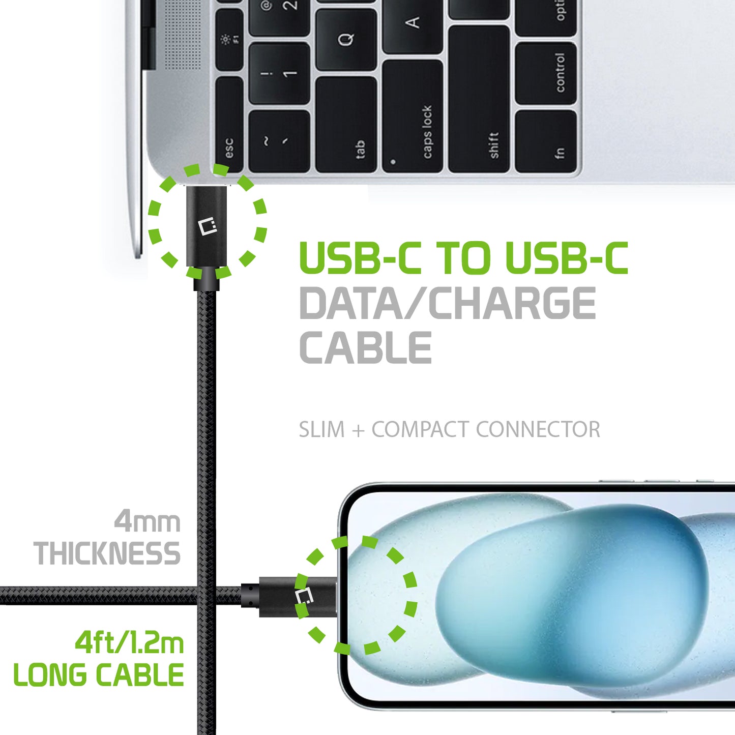 DCDC4BK - Cellet 4ft. USB-C to USB-C Fast Charging and Data Sync Nylon Braided Cable Compatible with Apple iPhone 15 Series, Samsung Galaxy series, Google Pixel Series