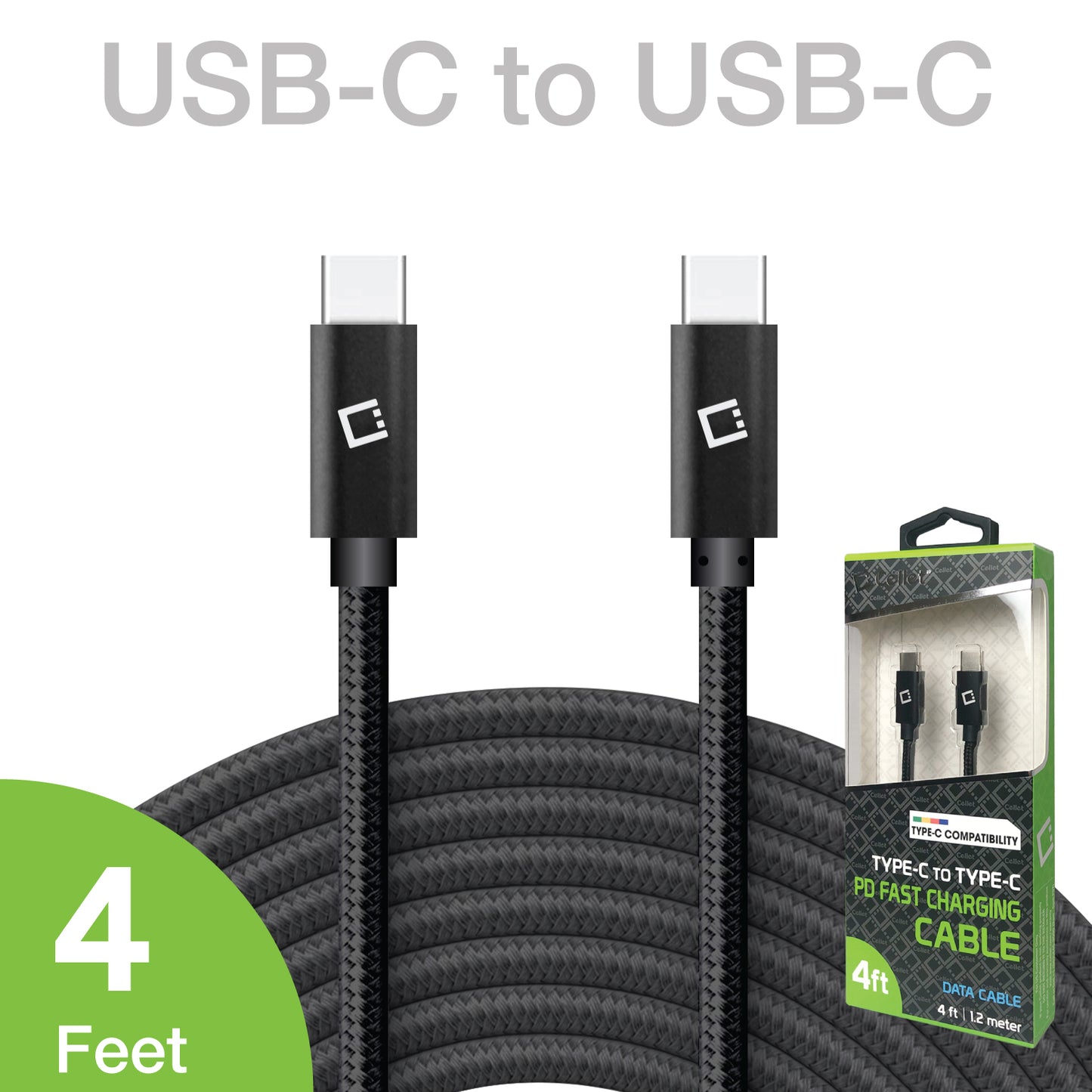 DCDC4BK - Cellet 4ft. USB-C to USB-C Fast Charging and Data Sync Nylon Braided Cable Compatible with Apple iPhone 15 Series, Samsung Galaxy series, Google Pixel Series