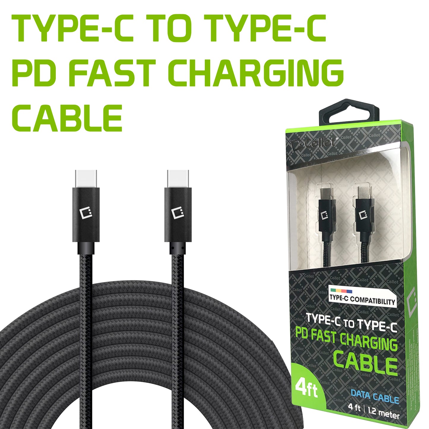 DCDC4BK - Cellet 4ft. USB-C to USB-C Fast Charging and Data Sync Nylon Braided Cable Compatible with Apple iPhone 15 Series, Samsung Galaxy series, Google Pixel Series