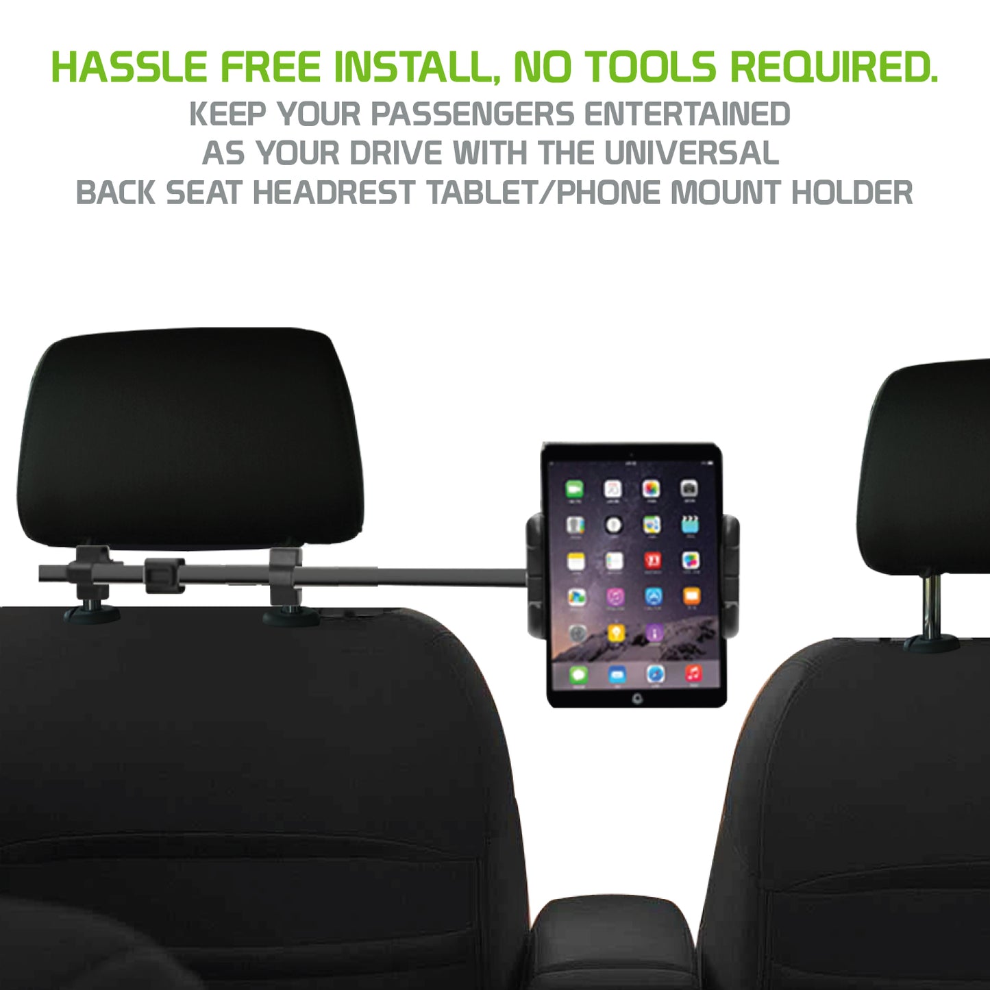 PH360 - Headrest Tablet/Smartphone iPad iPhone Holder, Mount Holder with Extendable Telescopic Arm for Apple iPad, iPhones (fits up to 10”) - Black