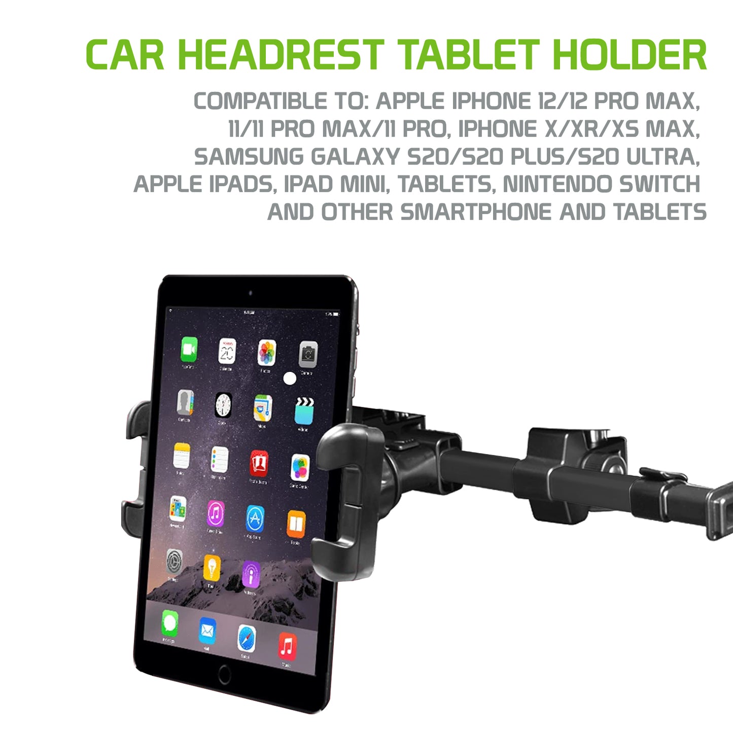 PH360 - Headrest Tablet/Smartphone iPad iPhone Holder, Mount Holder with Extendable Telescopic Arm for Apple iPad, iPhones (fits up to 10”) - Black
